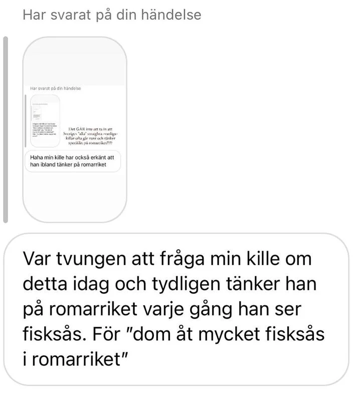 How Often Do You Think About The Roman Empire — Swedish Instagram story reply about a boyfriend thinking of Rome whenever he sees fish sauce