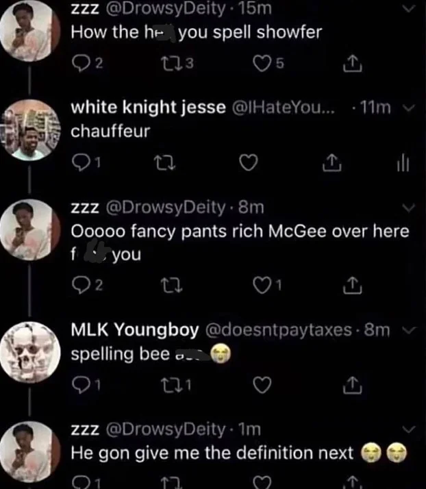 How the Hell You Spell Chauffeur — Censored Twitter thread screenshot of the 'how the hell you spell showfer' chauffeur exchange with profanity blacked out.