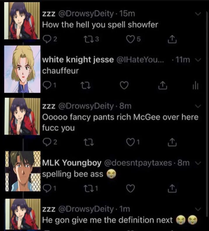 How the Hell You Spell Chauffeur — Twitter thread edited with Neon Genesis Evangelion character avatars replacing the original users.