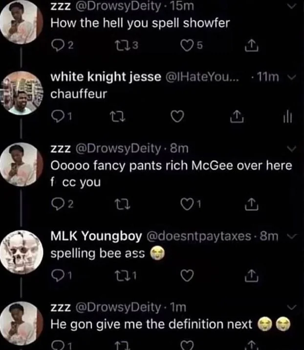 How the Hell You Spell Chauffeur — Full Twitter thread screenshot of the chauffeur spelling exchange with multiple reply tweets.
