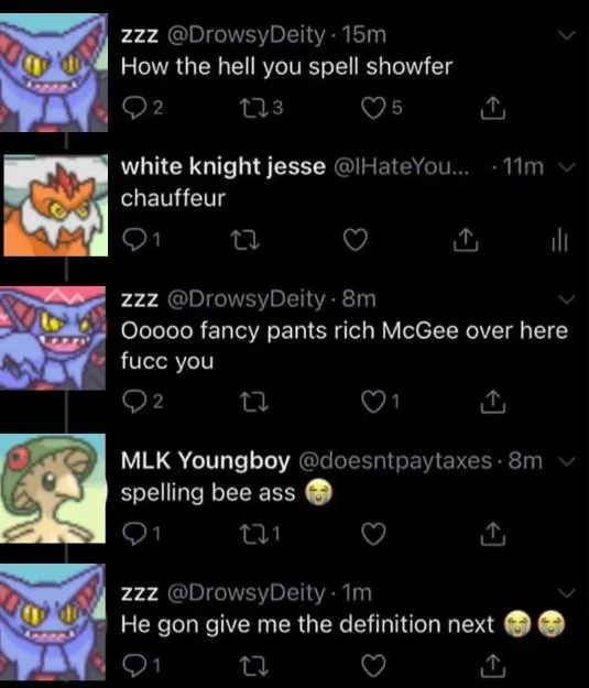 How the Hell You Spell Chauffeur — Twitter thread edited with Pokémon character avatars in place of the original users.