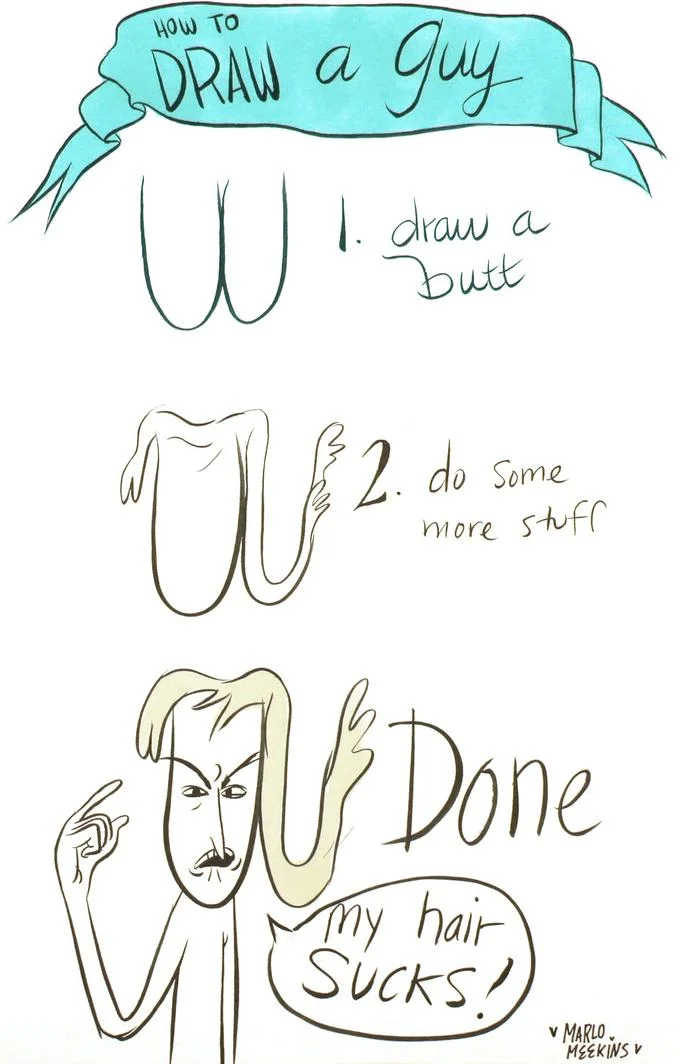 How To Draw An Owl — Hand-illustrated parody by Marlo Meekins showing vague steps resulting in frustrated man complaining about hair.