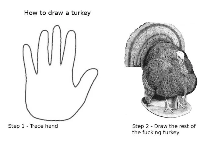 How To Draw An Owl — Thanksgiving parody showing hand-trace outline jumping to photorealistic detailed turkey illustration.
