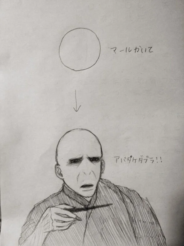 How To Draw An Owl — Japanese hand-drawn parody showing circle jumping to detailed Voldemort illustration with 'Avada Kedavra' caption.
