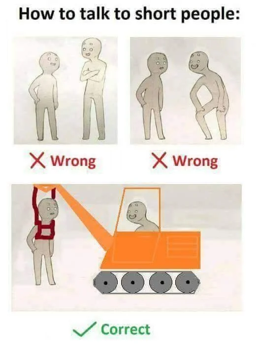 How To Talk To Short People — Two-panel meme showing the wrong and right ways to talk with short people, with a figure bending over in the correct panel