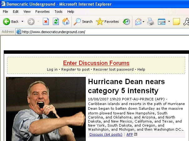 Howard Dean Scream — Screenshot of a fake news page captioned Hurricane Dean nears category 5 intensity