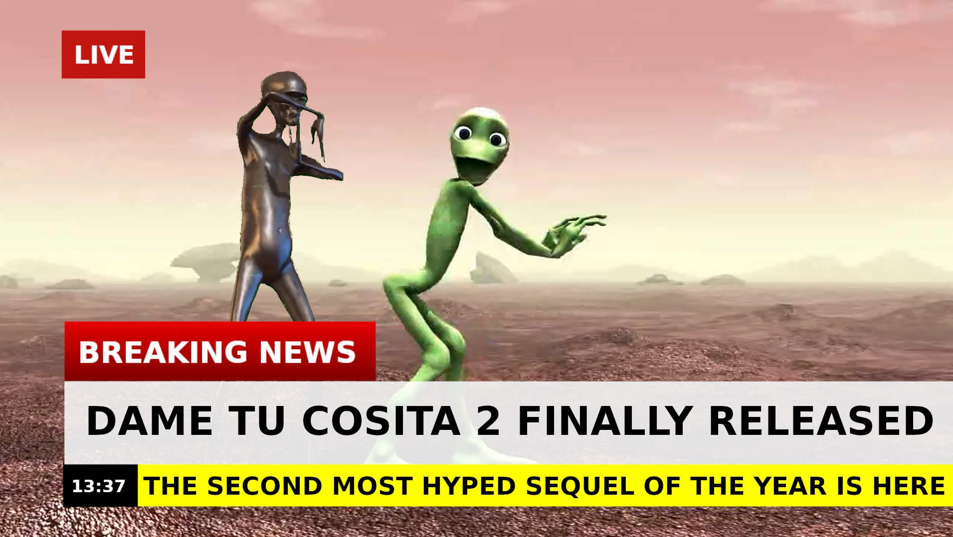 Breaking news mock-up of Howard the Alien and Dame Tu Cosita together