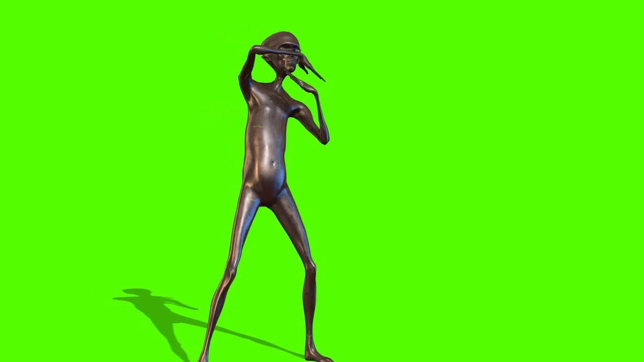 Howard the Alien — Bronze 3D alien character walking on green screen background