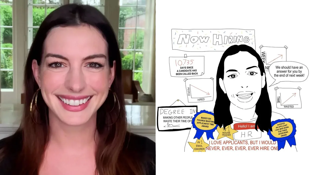 Anne Hathaway HR Meme — Split image of Anne Hathaway smiling on a Zoom call next to the HR jak cartoon surrounded by hostile hiring signs.