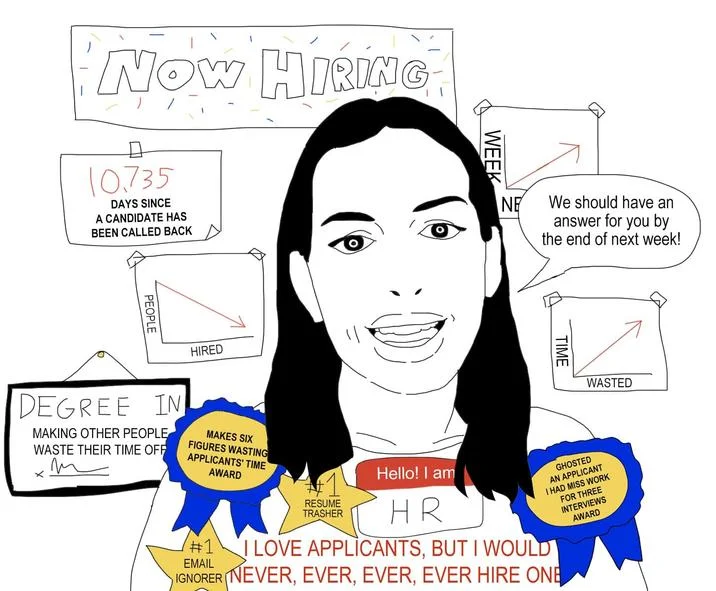 Anne Hathaway HR Meme — HR jak cartoon of a smiling woman labeled HR surrounded by hiring-related satire signs and award ribbons.