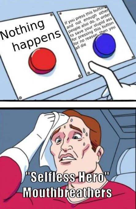 Red Button or Blue Button Question — Sweating guy two-button meme mocking selfless blue button pressers