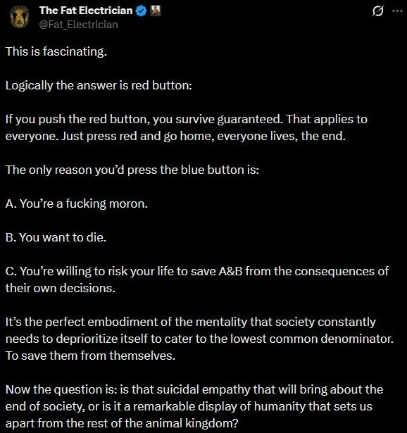 Red Button or Blue Button Question — Fat Electrician tweet arguing for the red button choice