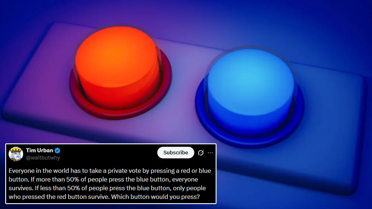 Red Button or Blue Button Question — Red and blue buttons with Tim Urban's viral Twitter poll question overlaid