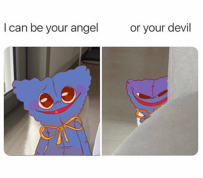 Huggy Wuggy (Poppy Playtime) — Two-panel meme of cute cartoon Huggy Wuggy as angel and devil