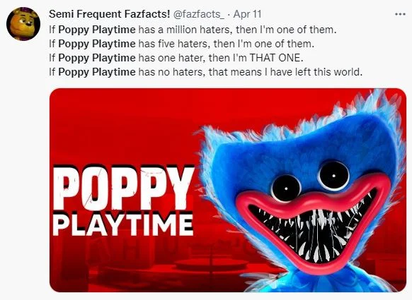 Huggy Wuggy (Poppy Playtime) — Twitter post from fazfacts about being a Poppy Playtime hater, featuring Huggy Wuggy key art