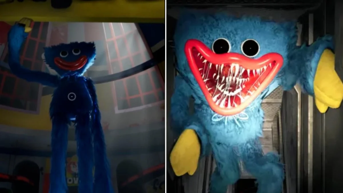 Huggy Wuggy (Poppy Playtime) — Two screenshots of Huggy Wuggy, a tall blue furry monster with a wide red mouth full of sharp teeth, from Poppy Playtime
