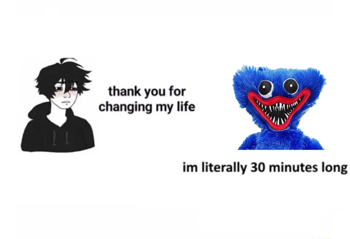 Huggy Wuggy (Poppy Playtime) — Meme of anime boy thanking Huggy Wuggy plush, with Huggy replying that he is only 30 minutes long