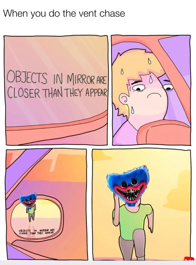 Huggy Wuggy (Poppy Playtime) — Comic meme of a man seeing Huggy Wuggy approaching in his rearview mirror