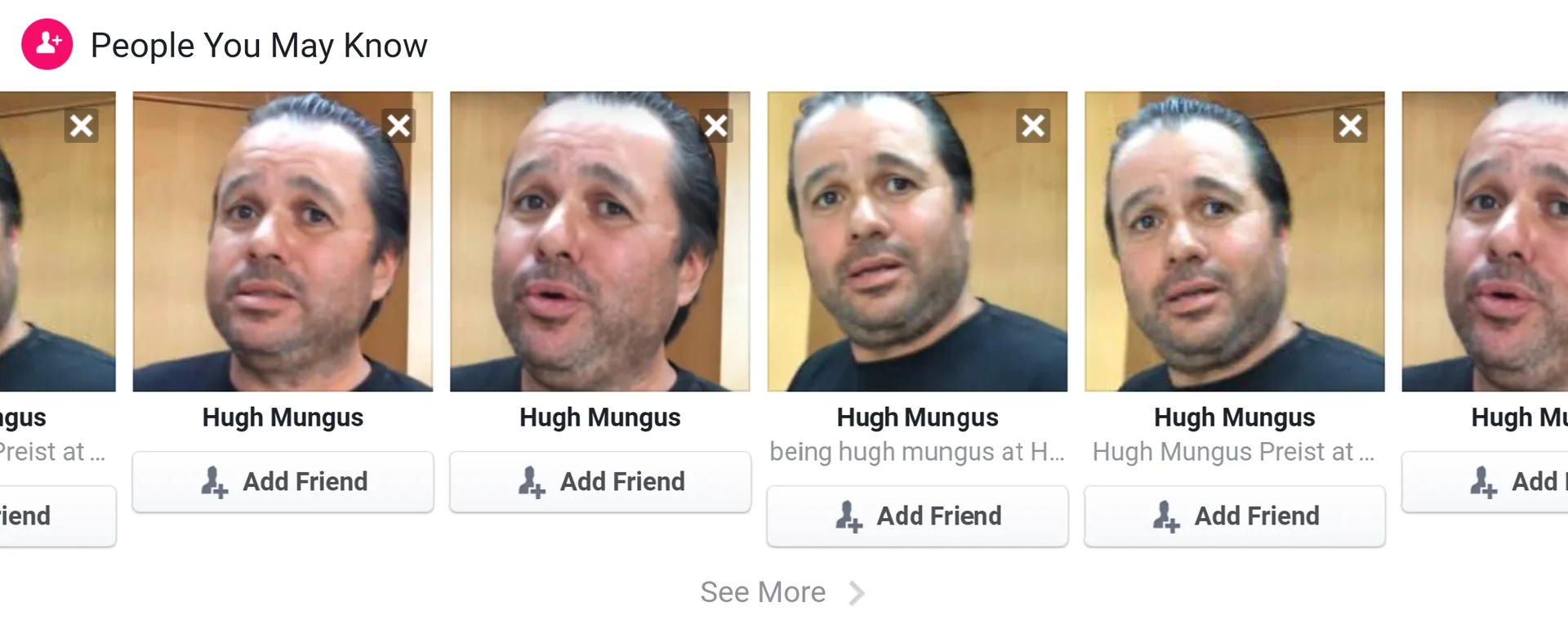 Facebook People You May Know panel showing multiple Hugh Mungus profiles