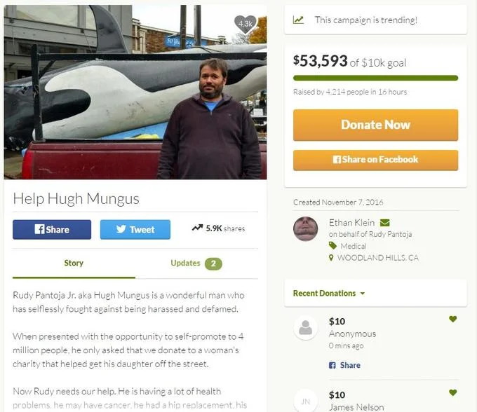 Screenshot of the Help Hugh Mungus fundraiser campaign page showing donation totals