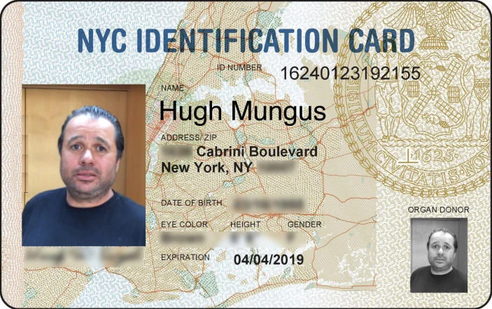 Fake NYC identification card issued to Hugh Mungus with Rudy Pantoja's photo