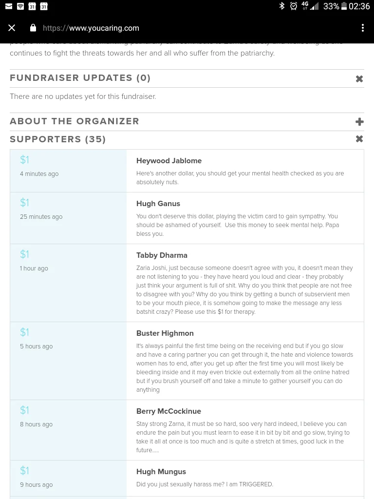 Hugh Mungus — Mobile screenshot of Zarna Joshi fundraiser with troll donor names