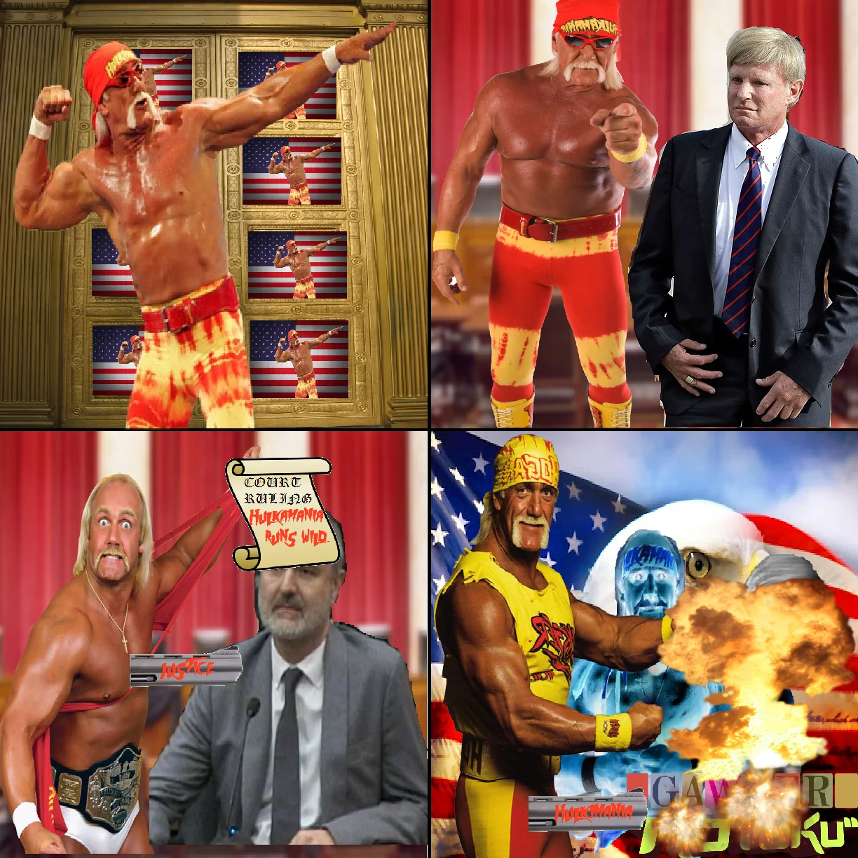 Hulk Hogan's Sex Tape Scandal — Four-panel Hulk Hogan photoshop collage with Kotaku visible in exploding Gawker panel