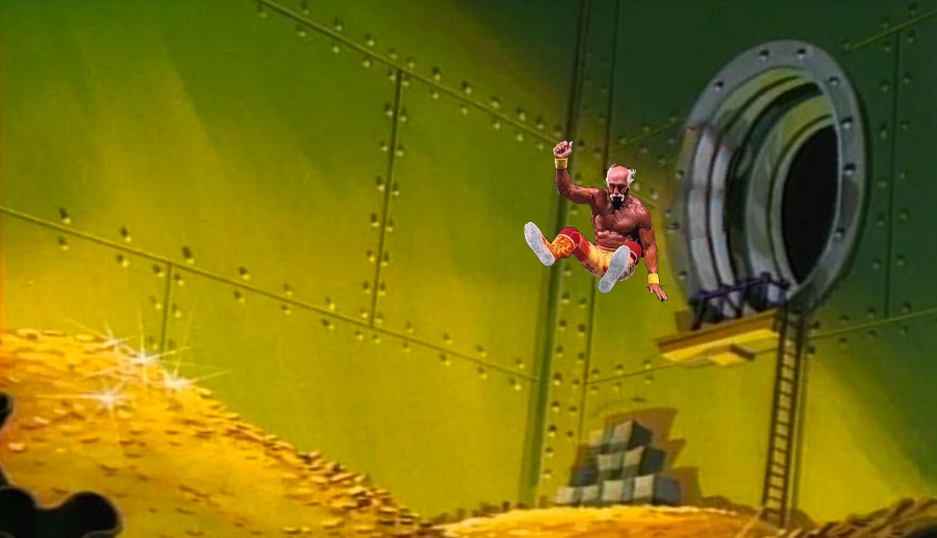 Hulk Hogan's Sex Tape Scandal — Hulk Hogan photoshopped diving into Scrooge McDuck money vault of gold coins