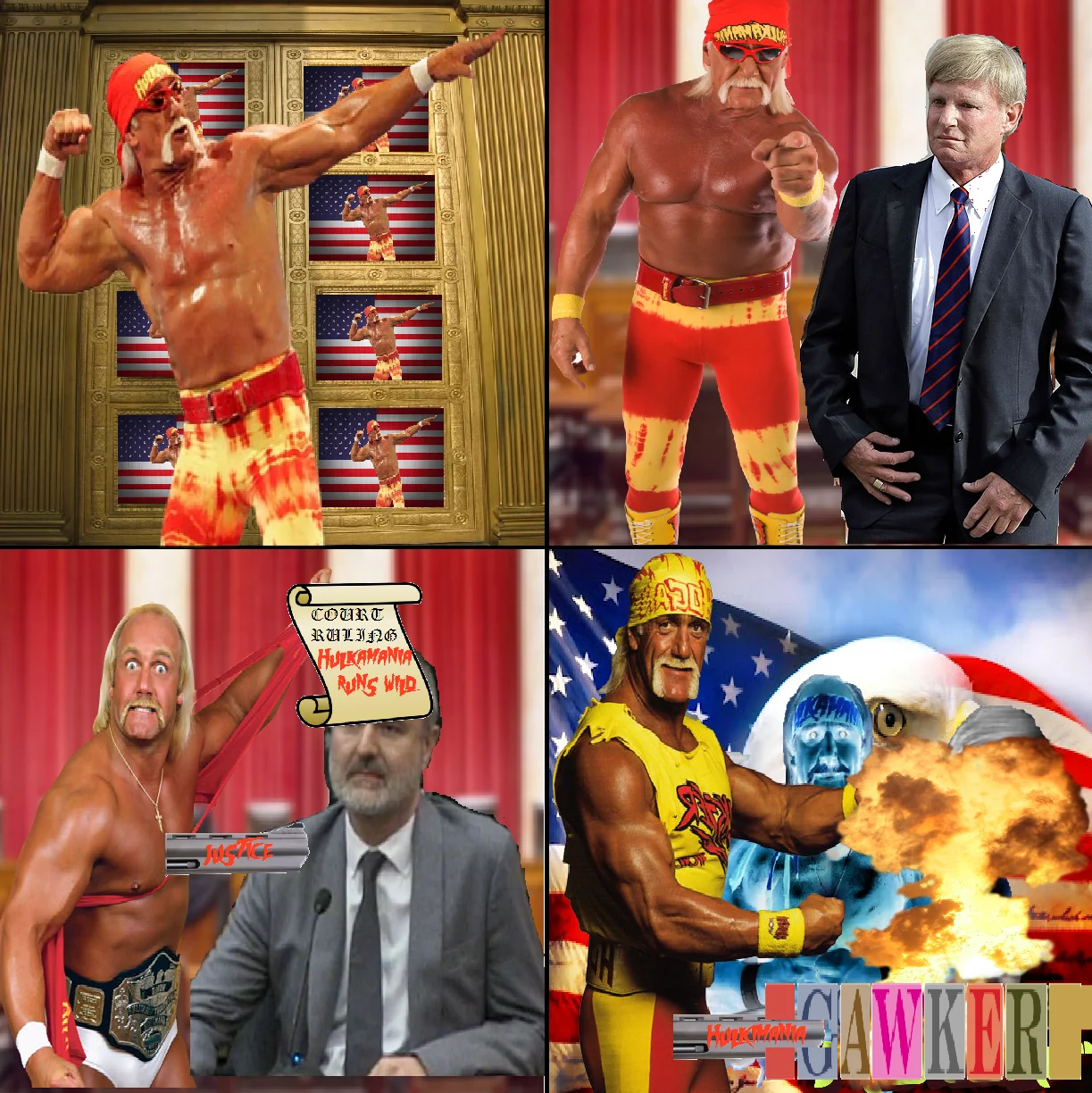 Hulk Hogan's Sex Tape Scandal — Four-panel meme collage of Hulk Hogan photoshopped into scenes celebrating his Gawker verdict