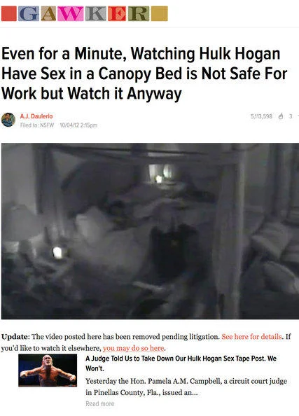 Hulk Hogan's Sex Tape Scandal — Screenshot of Gawker article about Hulk Hogan sex tape with video thumbnail