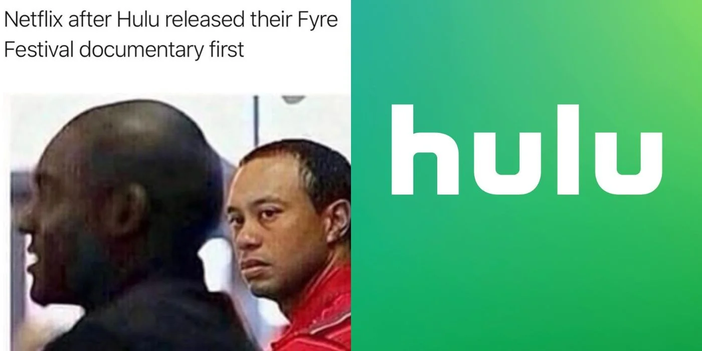 Hulu Ad Interruption — Split-screen meme comparing Netflix and Hulu about streaming service rivalry over content releases.
