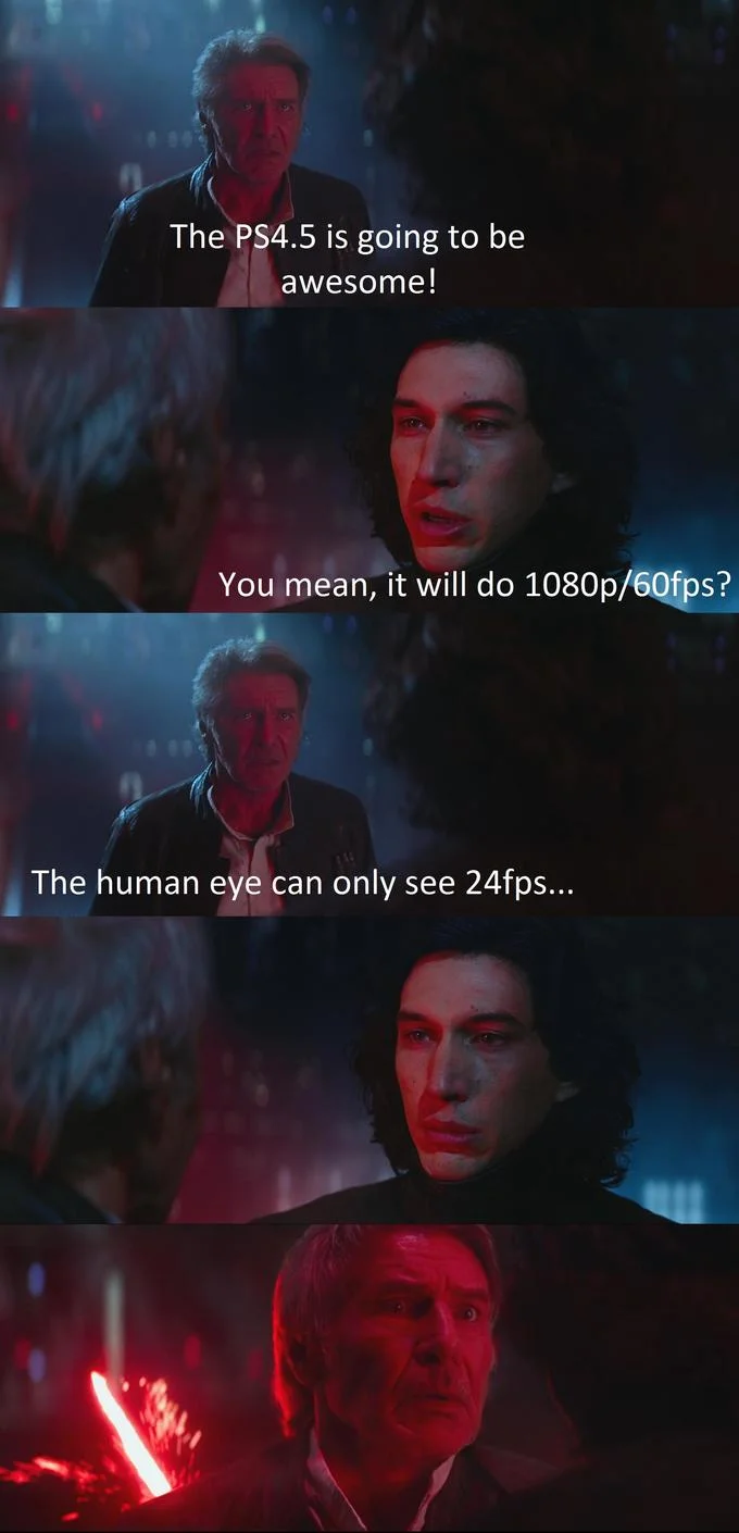 Human Eye Can Only See At 60 Fps — Movie scene meme debating PlayStation specifications with text about conflicting FPS claims.
