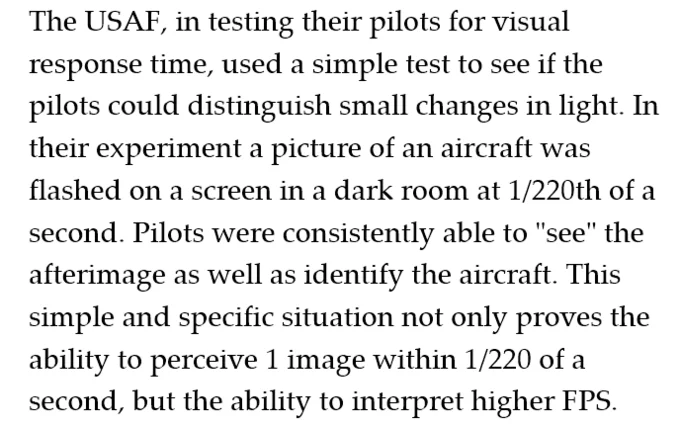 Human Eye Can Only See At 60 Fps — Text-based explanation of USAF pilot tests showing human visual perception at 1/220th of a second.