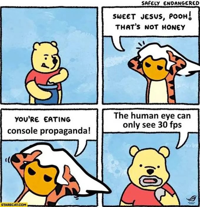Human Eye Can Only See At 60 Fps — Winnie the Pooh 4-panel meme satirizing console propaganda about FPS limitations.
