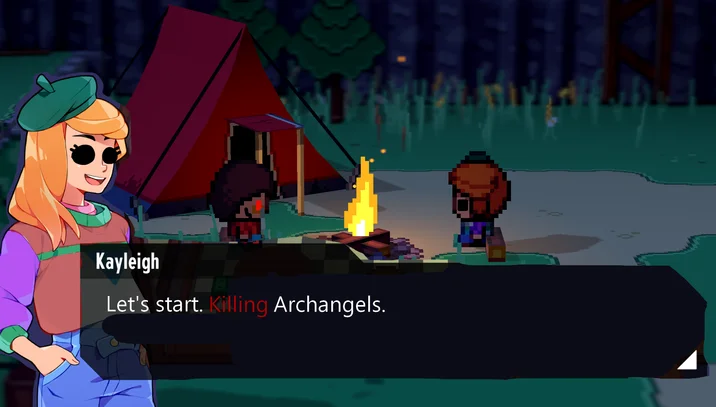 Human I Remember Youre Genocides — Campfire scene with character Kayleigh saying 'Let's start Killing Archangels'