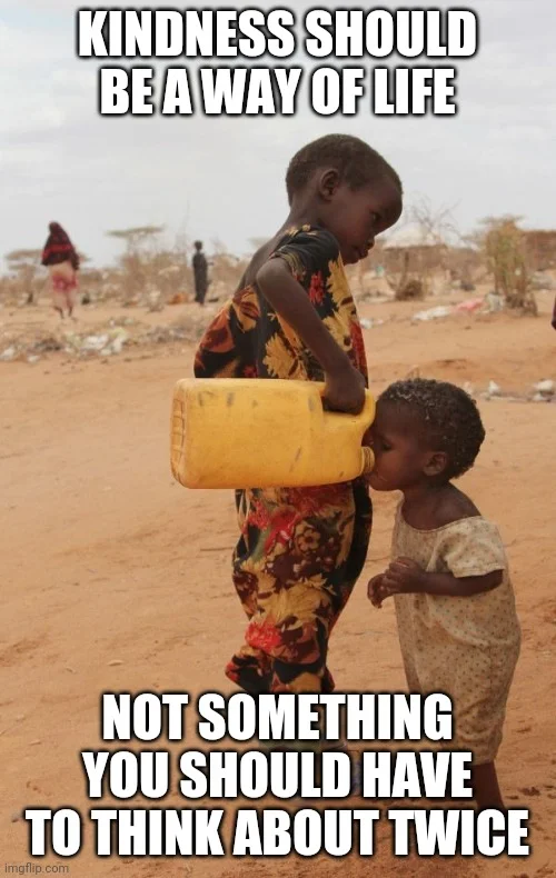 Human Kindness Moment — Emotional image of child generously sharing water with another child framing kindness as fundamental way of life.