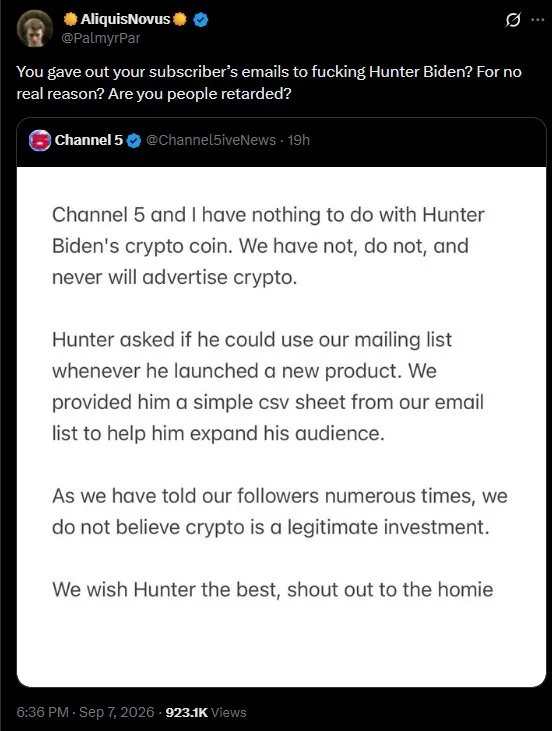 Hunter Biden Meme Coin — Angry tweet reaction to Channel 5 sharing emails with Hunter Biden