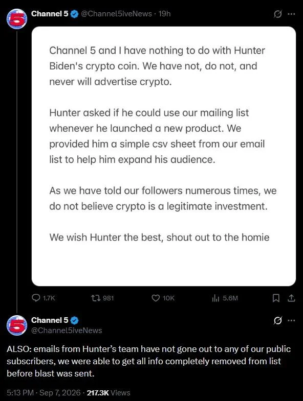 Hunter Biden Meme Coin — Channel 5 tweets denying involvement with Hunter Biden's crypto coin