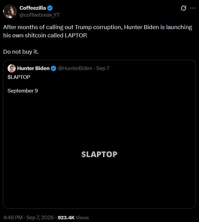 Hunter Biden Meme Coin — Coffeezilla tweet quoting Hunter Biden's $LAPTOP shitcoin announcement with a warning