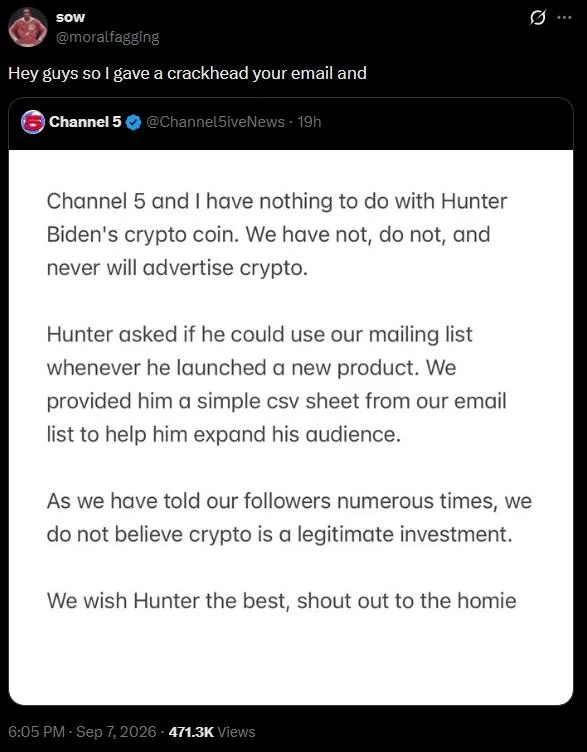Hunter Biden Meme Coin — Tweet mocking Channel 5 for giving subscriber emails to Hunter Biden