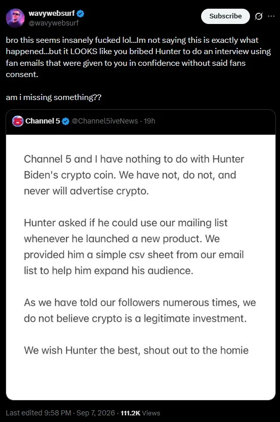 Hunter Biden Meme Coin — Wavywebsurf tweet accusing Channel 5 of bribing Hunter Biden with fan emails