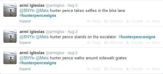 Hunter Pence Signs — Screenshot of tweets proposing new Hunter Pence sign ideas including selfies and bike lanes.