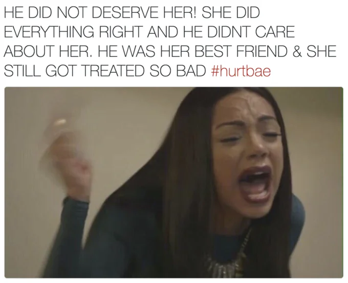 #HurtBae — Tweet with a screaming woman image and all-caps reaction defending Kourtney from the Hurt Bae interview