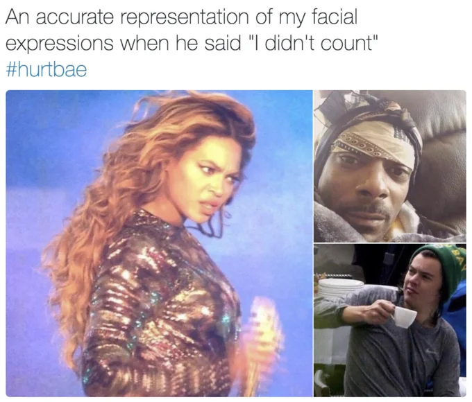 #HurtBae — Tweet collage of Beyonce side-eye and other skeptical reaction faces about Leonard saying I didn't count