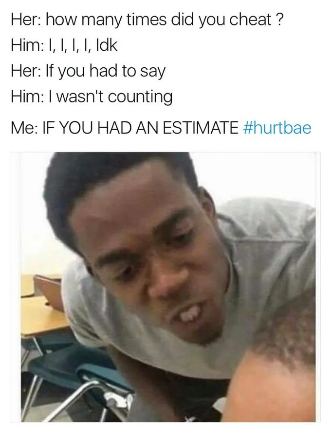 #HurtBae — Tweet transcribing the hurtbae cheating exchange paired with a reaction photo of a skeptical young man