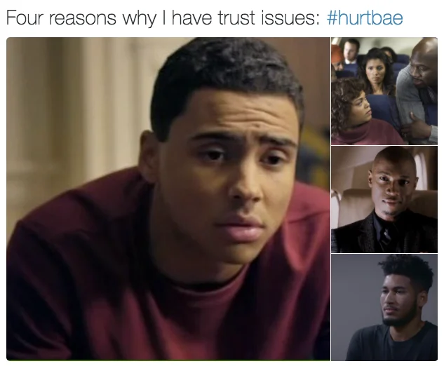 #HurtBae — Tweet collage of four unfaithful TV men including the hurtbae guy under the heading four reasons for trust issues