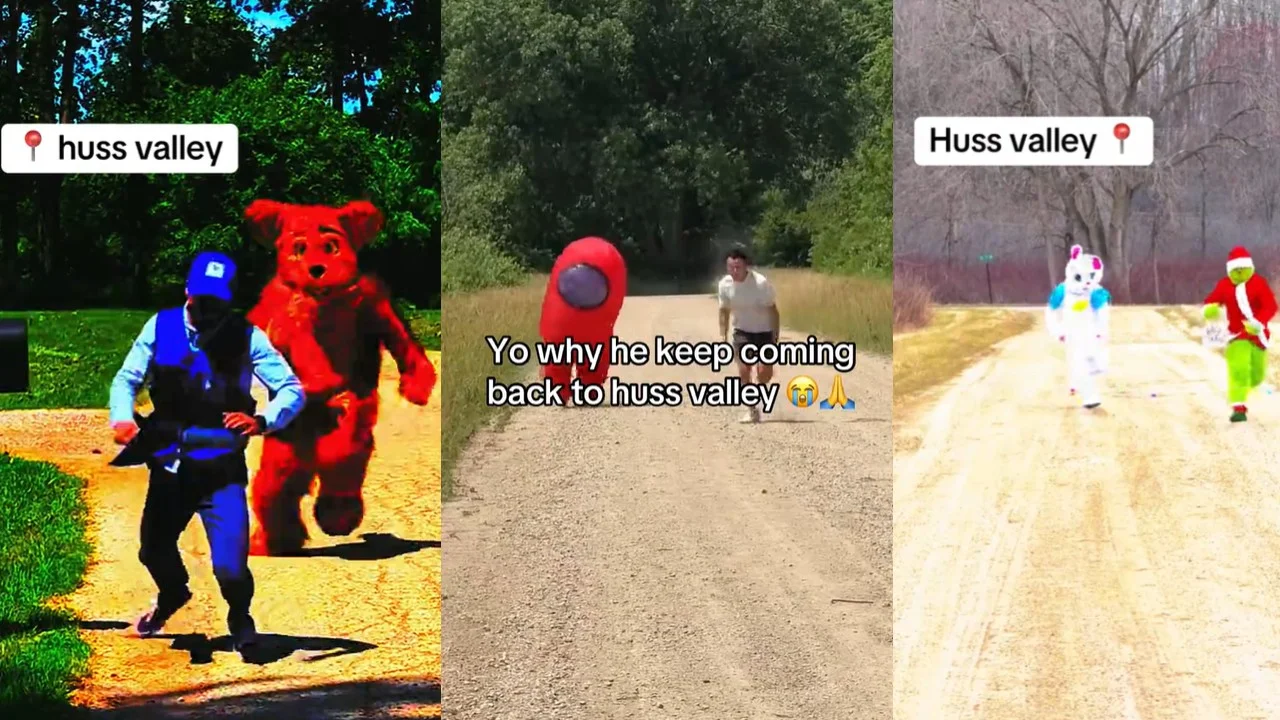 Three-panel TikTok collage of costumed characters chasing a person on a dirt road tagged 'huss valley'
