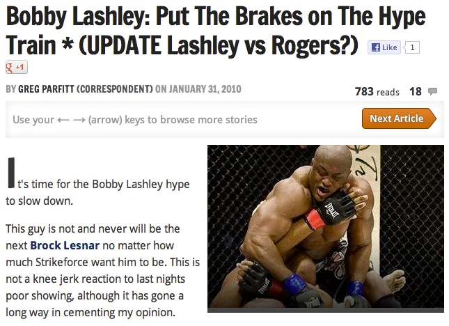 Screenshot of 2010 article titled Bobby Lashley Put The Brakes on The Hype Train
