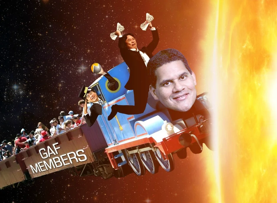 Hype Train — Photoshop of Nintendo executives riding a Thomas the Tank Engine through space labeled GAF Members