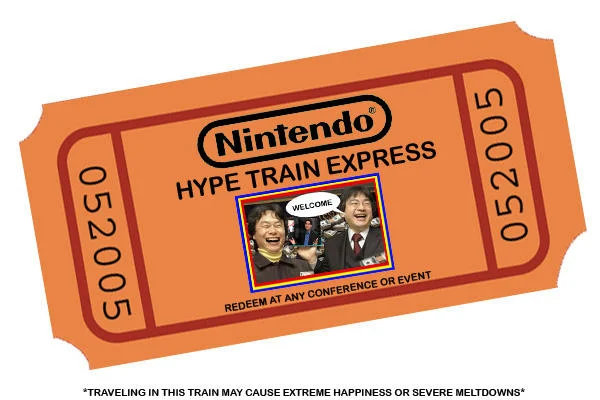 Orange Nintendo Hype Train Express ticket with laughing executives
